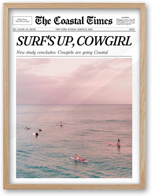 iHery Coastal Cowgirl Wall Art Print - Trendy Beige Oak Frame | 12x16in Canvas Decor for Bedroom