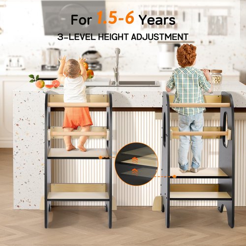 Ezebaby Toddler Kitchen Stool Helper, Standing Tower for 1.5-6 Year Olds, Rounded Edge Design & Anti-Tip Base, Removable Rail Kitchen Step Stool-Black