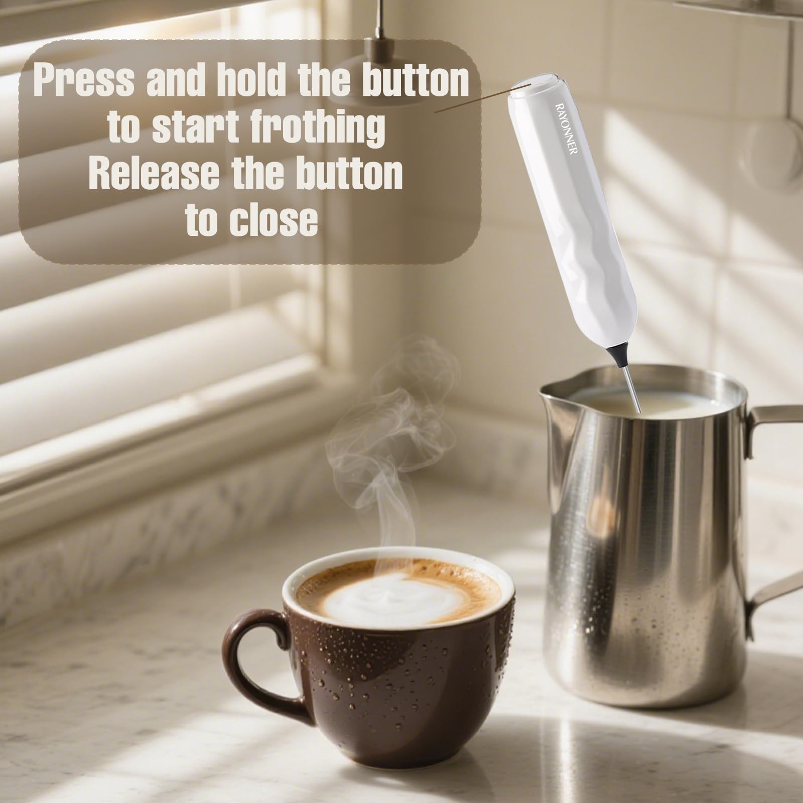 RAYONNER Milk Frother Handheld Fast Powerful Drink Mixer with Stainless Steel Whisk for Coffee, Battery Operated (White with Stand)
