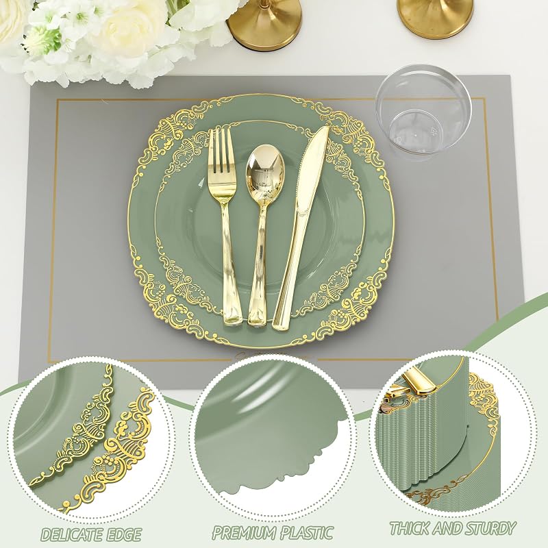 Umigy Sage Green Plastic Dinnerware Set with Gold Edges, 300 Pcs - Disposable Plates, Cutlery & Cups (Variation: Sage Green+300)