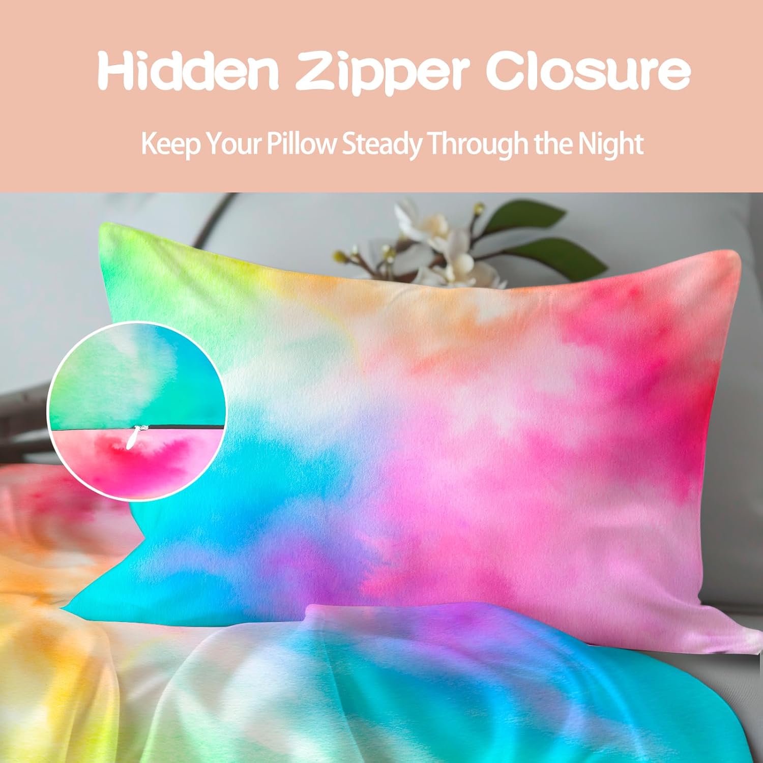 Skiennix Satin Pillowcases - Soft & Cooling for Hair and Skin | Standard Size Set of 2 - Rainbow Tie Dye
