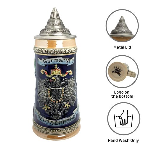 Essence of Europe Gifts 0.7 Liter Deutschland German Beer Stein with Lid - Tankard Blue Hand Painted Engraved Cities of Germany Mug Beer Steins - Tankard Beer Mug