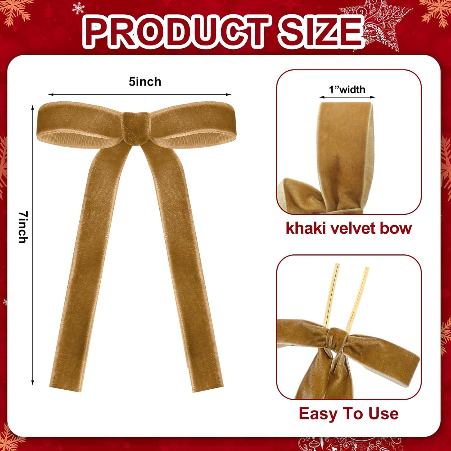 Skiennix 24 Pcs Velvet Bows - Vintage Ribbon Decorations for Christmas Trees & Crafts | 5 x 7 Inch, Khaki