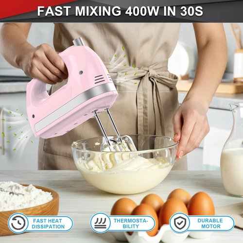 Lord Eagle Hand Mixer Electric Handheld 400W, 5-Speed Lightweight Kitchen Mixer with Storage Case, 5 Stainless Steel Attachments for Baking Cake Egg Cream Food Beater, Turbo+Eject Button, Pink