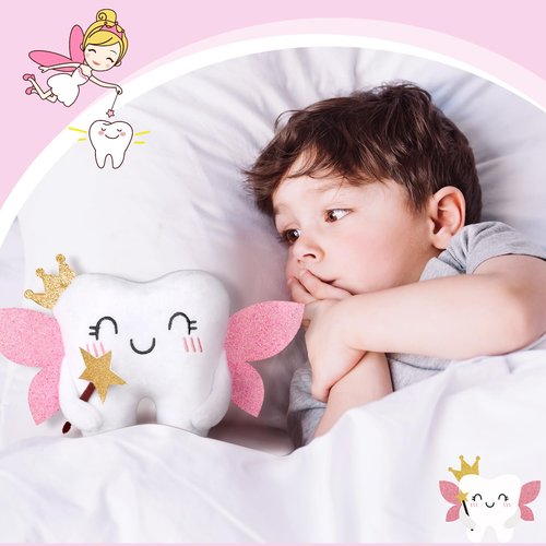 Threehoney Tooth Fairy Pillow Kit Includes Toothfairy Pillow with Pocket Fairy Glitter Receipt Envelope Card, Toothfairy Plush Keepsake Gift for Kids Boys Girls Souvenir (Cute Style)