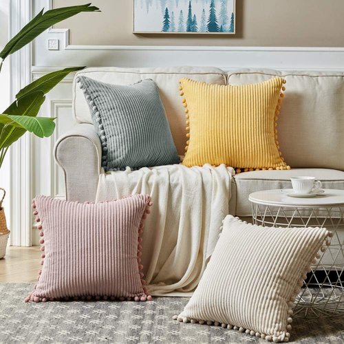 Fancy Homi Boho Decorative Throw Pillow Covers - Soft Corduroy Cushion Case Set (Pack of 2, 18x18 Inch, Cream)