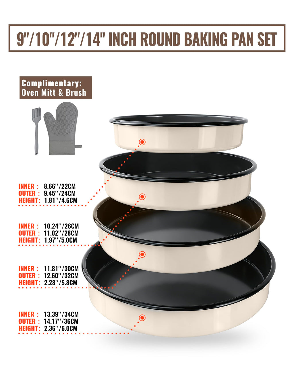 MCCSI Enamel Round Roasting Pan Set Baking Dish 4-Pack 9/10/12/14 Inch High Temperature Resistance Bakeware for Pizza Chicken, Oven Dishwasher Safe Birthday Mother Day Gift for Wife & Mom Cake Pan
