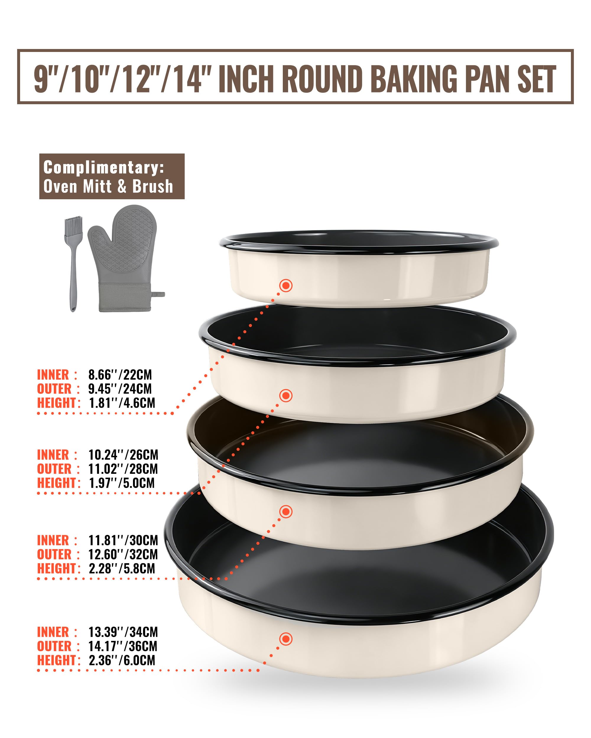 MCCSI Enamel Round Roasting Pan Set Baking Dish 4-Pack 9/10/12/14 Inch High Temperature Resistance Bakeware for Pizza Chicken, Oven Dishwasher Safe Birthday Mother Day Gift for Wife & Mom Cake Pan