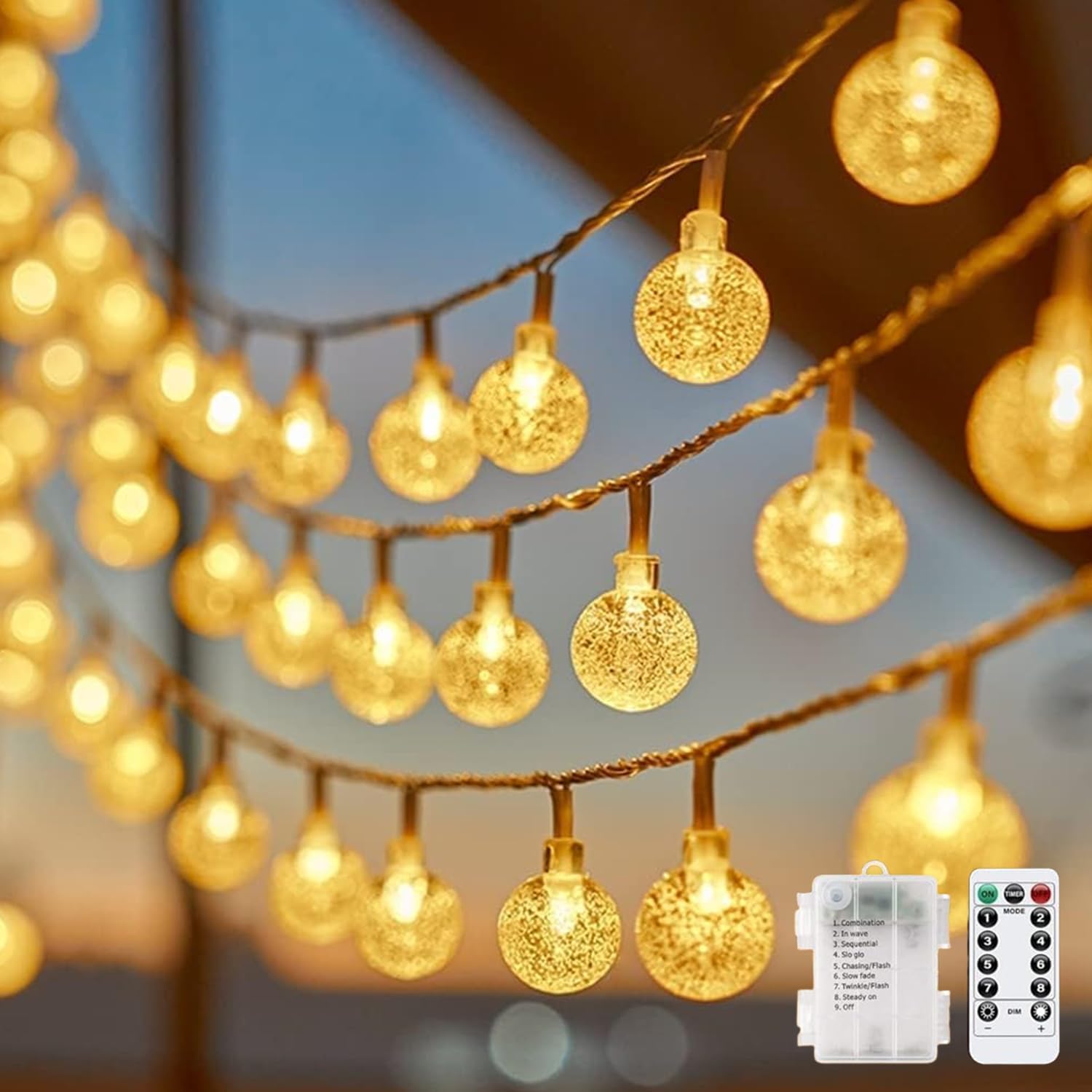 Minetom Crystal Globe String Lights - 33 ft 60 LED Waterproof Fairy Lights with Remote & 8 Modes | Warm White Decor