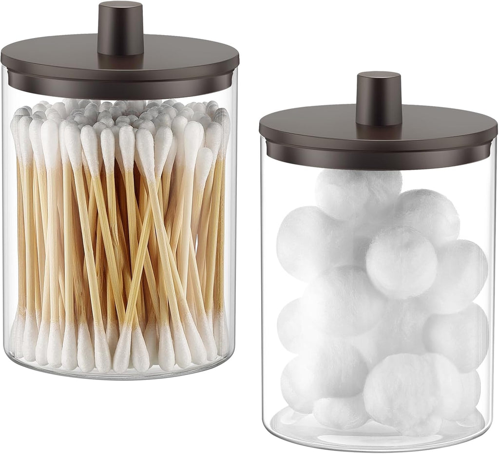 TIPGO Glass Qtip Holder Dispenser - 10 oz Clear Apothecary Jar for Cotton Swabs & Makeup Storage (2 Pack, Brown)