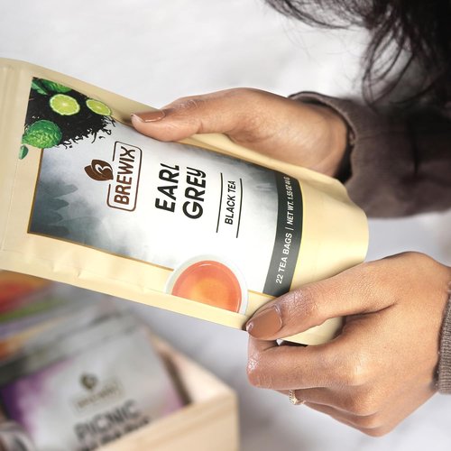 BREWIX Earl Grey Tea Bags - Long Leaf Indian Black Tea with Bergamot | 22 Pyramid Bags in Resealable Pouch