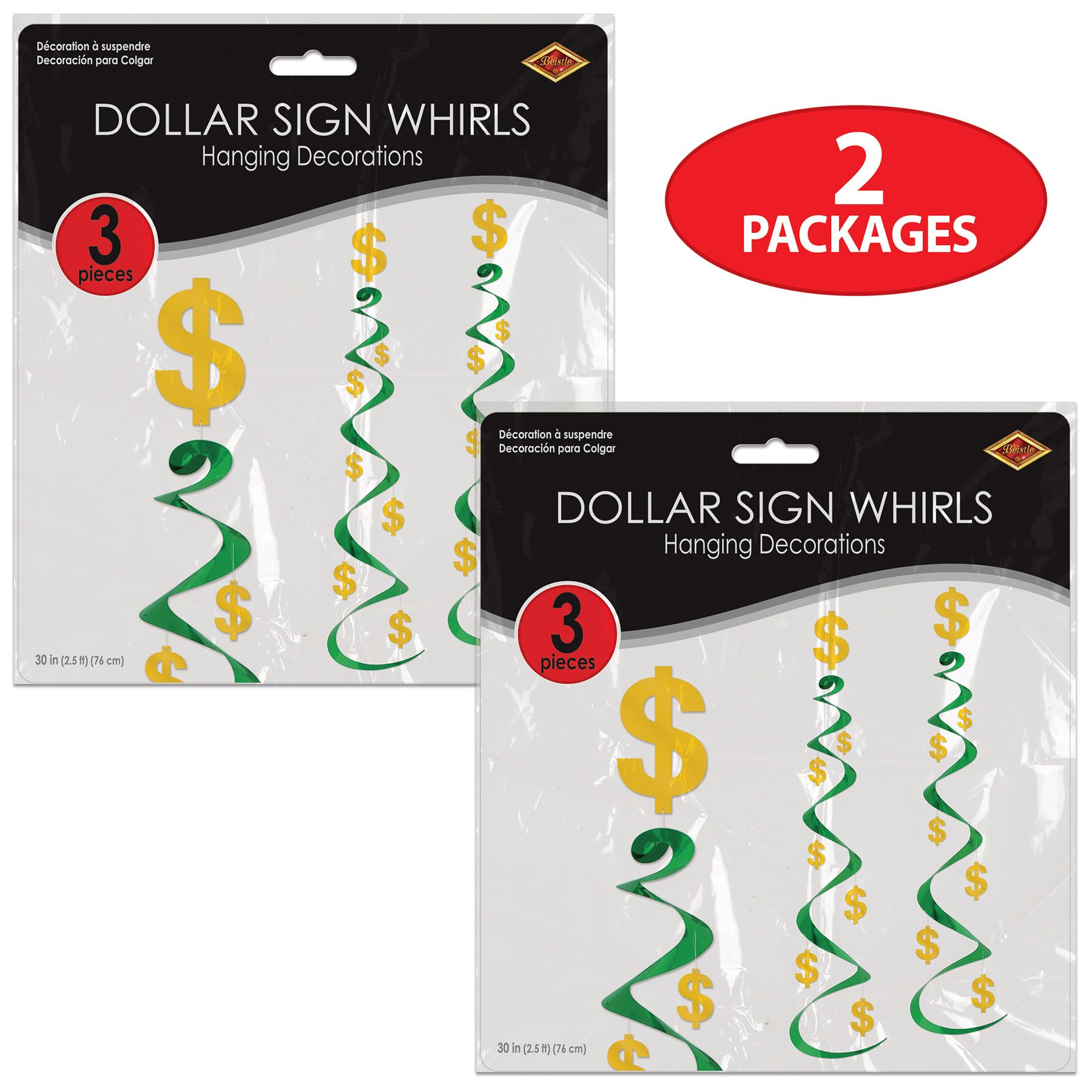 Beistle 6 Piece Dollar Sign Party Decorations, Hanging Spirals Whirls For Casino Theme Décor, Celebrating With You Since 1900