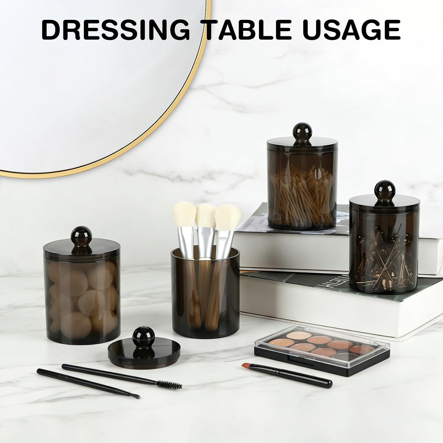 WEISHI Qtip Holder Dispenser - 4 Pack Small Plastic Apothecary Jars for Bathroom Storage | Black