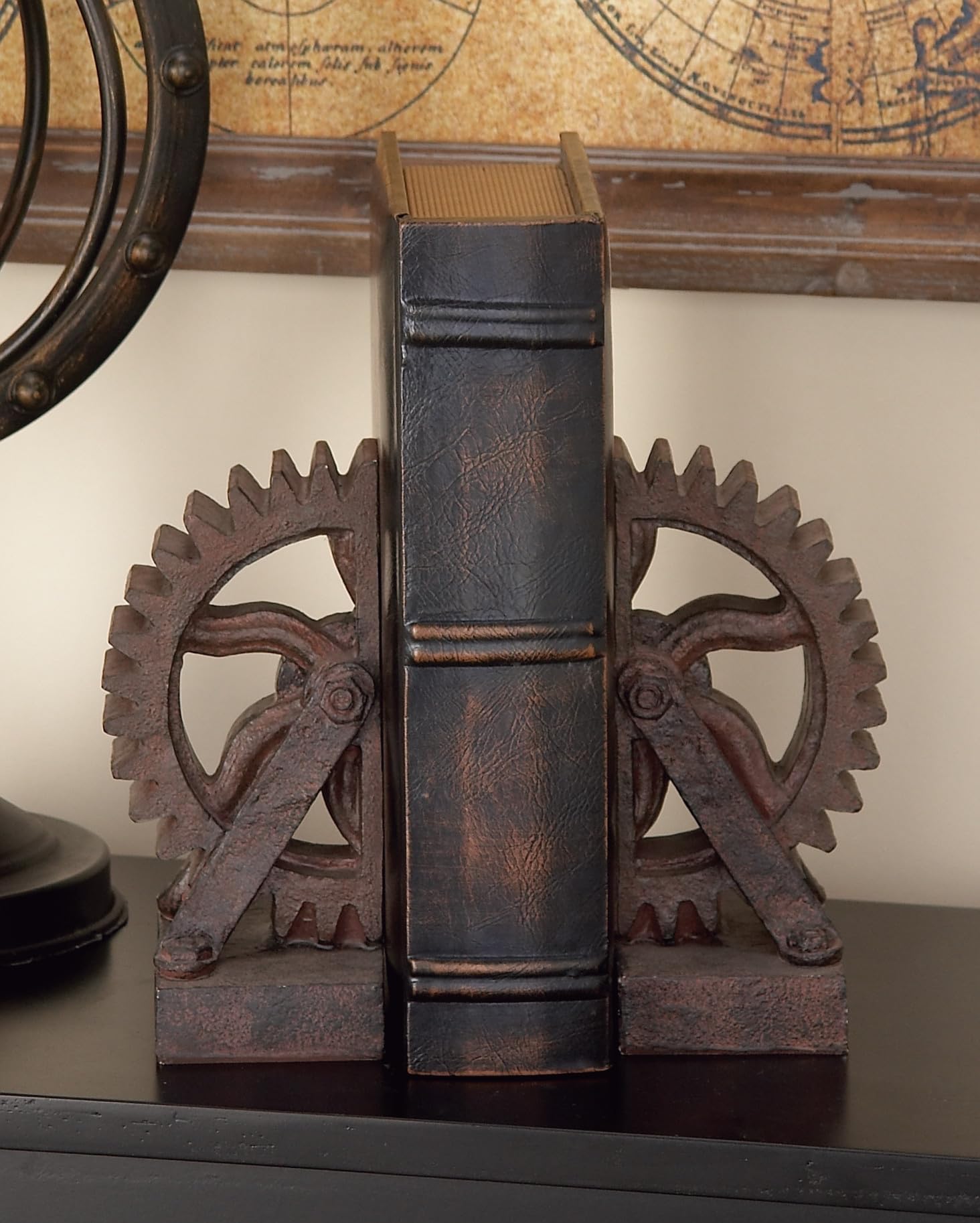 Deco 79 Polystone Decorative Bookends Gear Non Skid Bookends, Set of 2 Office Bookends5"W, 7"H, Brown
