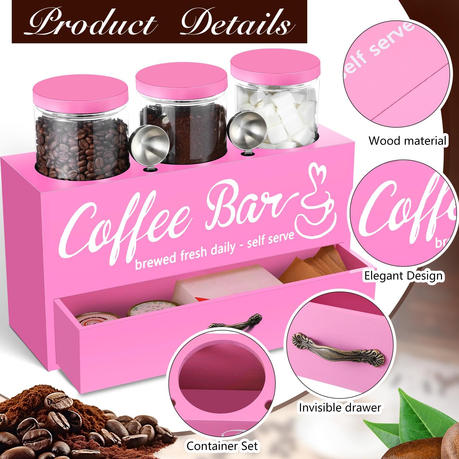 Skybooly 3 Pcs Coffee Bar Containers Set Include Coffee Sugar Container with Lid and Spoon and Double Layer Storage Box with Drawer for Bar Kitchen Countertop (Pink)