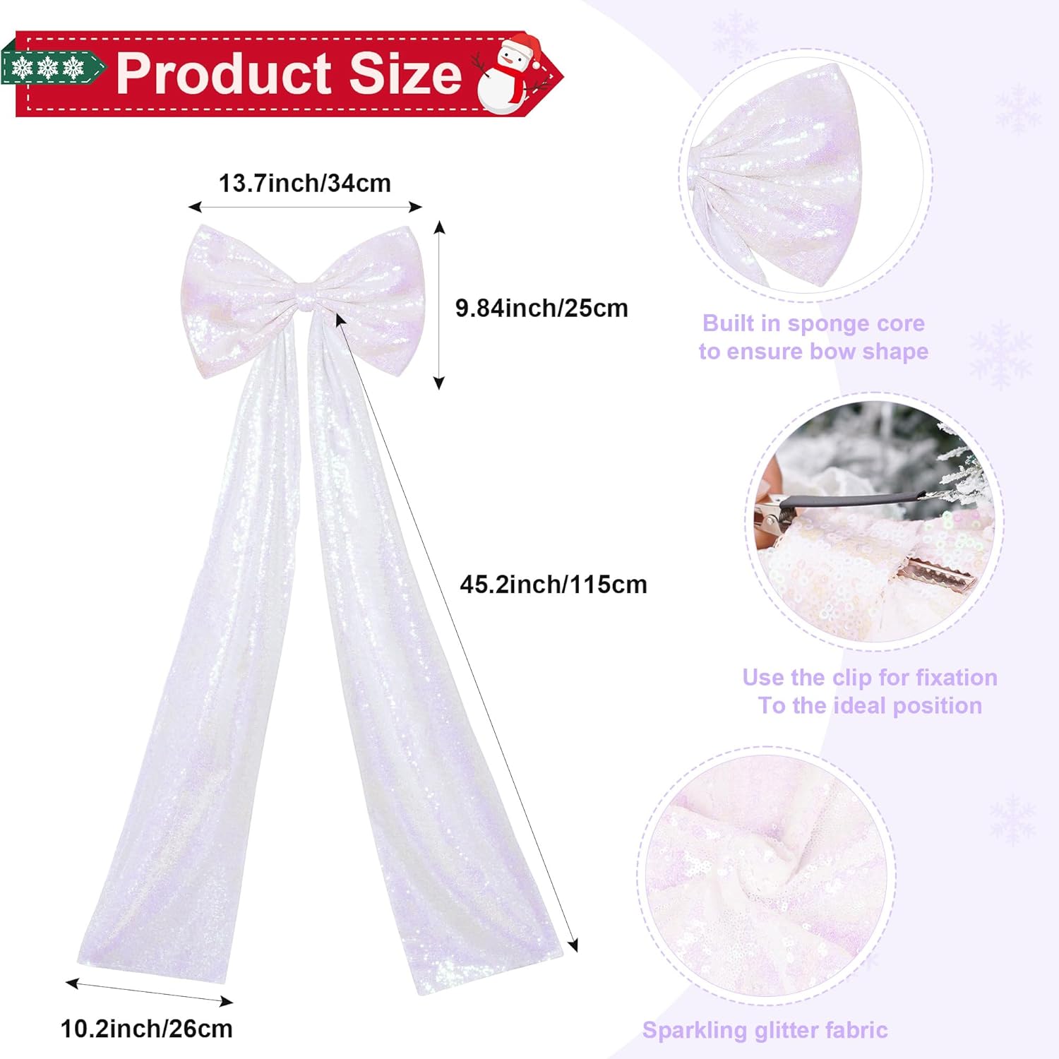 PartyDelight Large Bow Decorations - Big White Iridescent Sequin Ribbon Tie | 16x47 Inches for Christmas & Birthday Decor