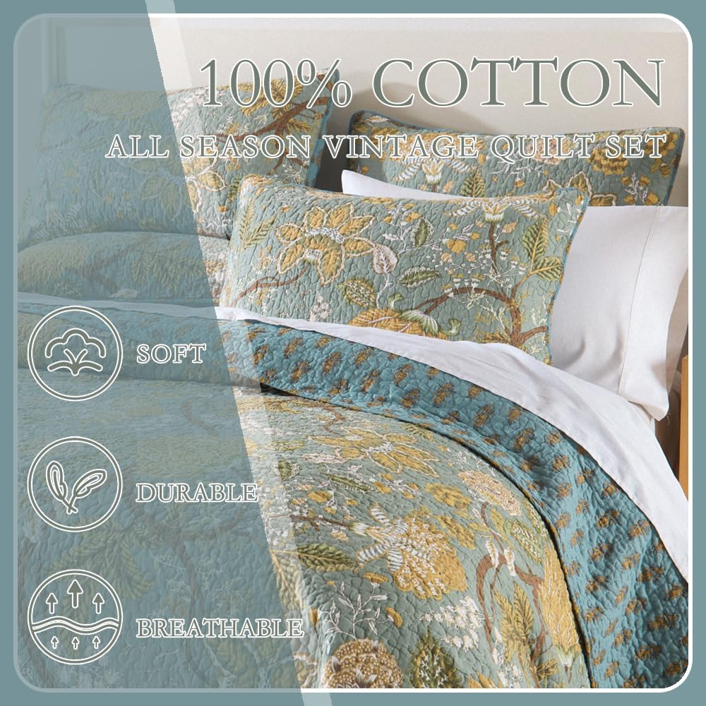 Wistown Cotton Bedspread Bedding Coverlet Quilt Sets, Reversible Vintage Branch Floral Bedspread comforters, (Rustic Sage Green Floral Pattern, King Size)