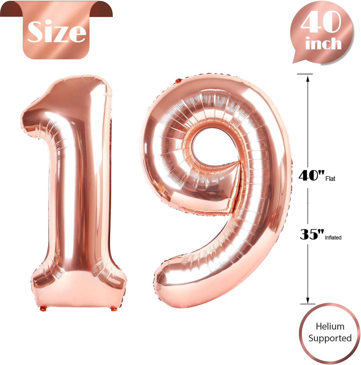 Rose Gold Number 19 Balloon - 40 Inch 19th Birthday Decoration for Men & Women | Elegant Party Supplies