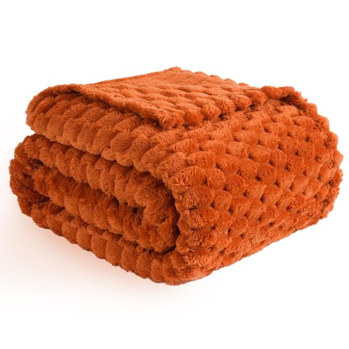 Vessia Flannel Fleece Throw Blanket, 3D Jacquard Burnt Orange Fuzzy and Warm Blanket for Couch, Sofa, Bed, 300GSM Super Soft Touch Cozy Home Decor for All Seasons (50x40 inches)
