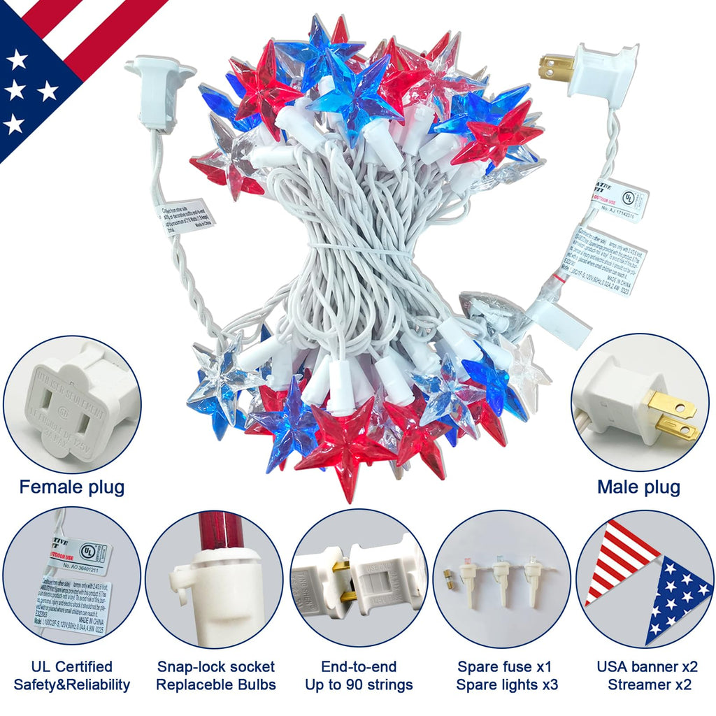 Red White Blue Stars String Lights, 16.5ft Independence Day Decoration Lights with 40 Red White Blue Lights, 4th of July Decoration String Lights Plug In for Patriotic Wedding Patio Garden Party Decor