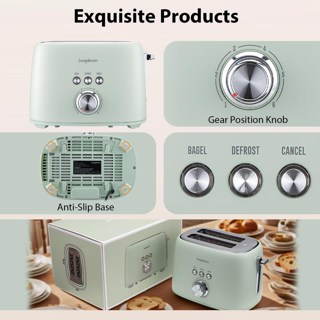2 Slice Toaster - Stainless Steel, 1.5" Extra Wide Slots, 6 Browning Settings, Bagel/Defrost/Cancel Modes, Green