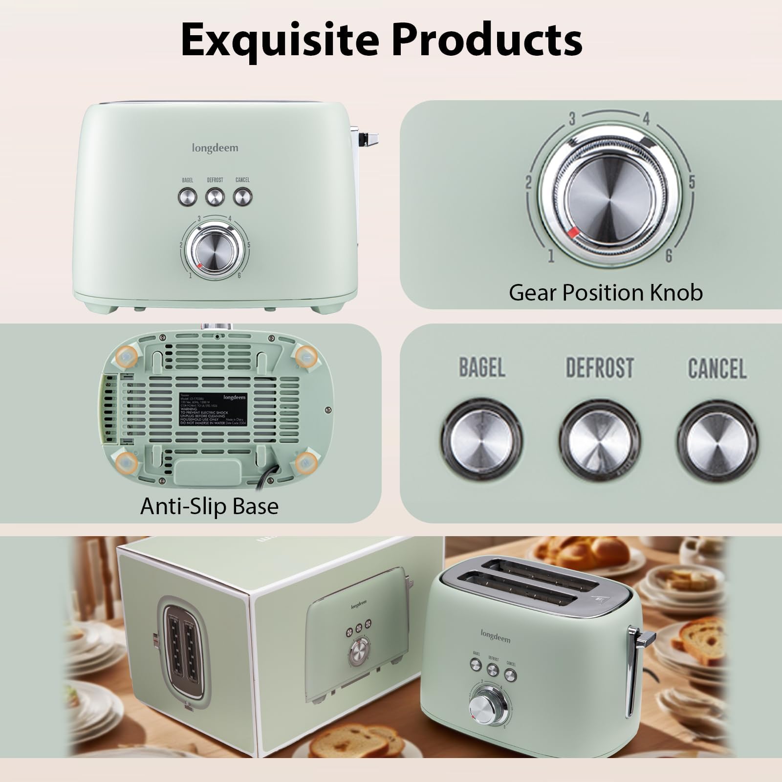 2 Slice Toaster - Stainless Steel, 1.5" Extra Wide Slots, 6 Browning Settings, Bagel/Defrost/Cancel Modes, Green