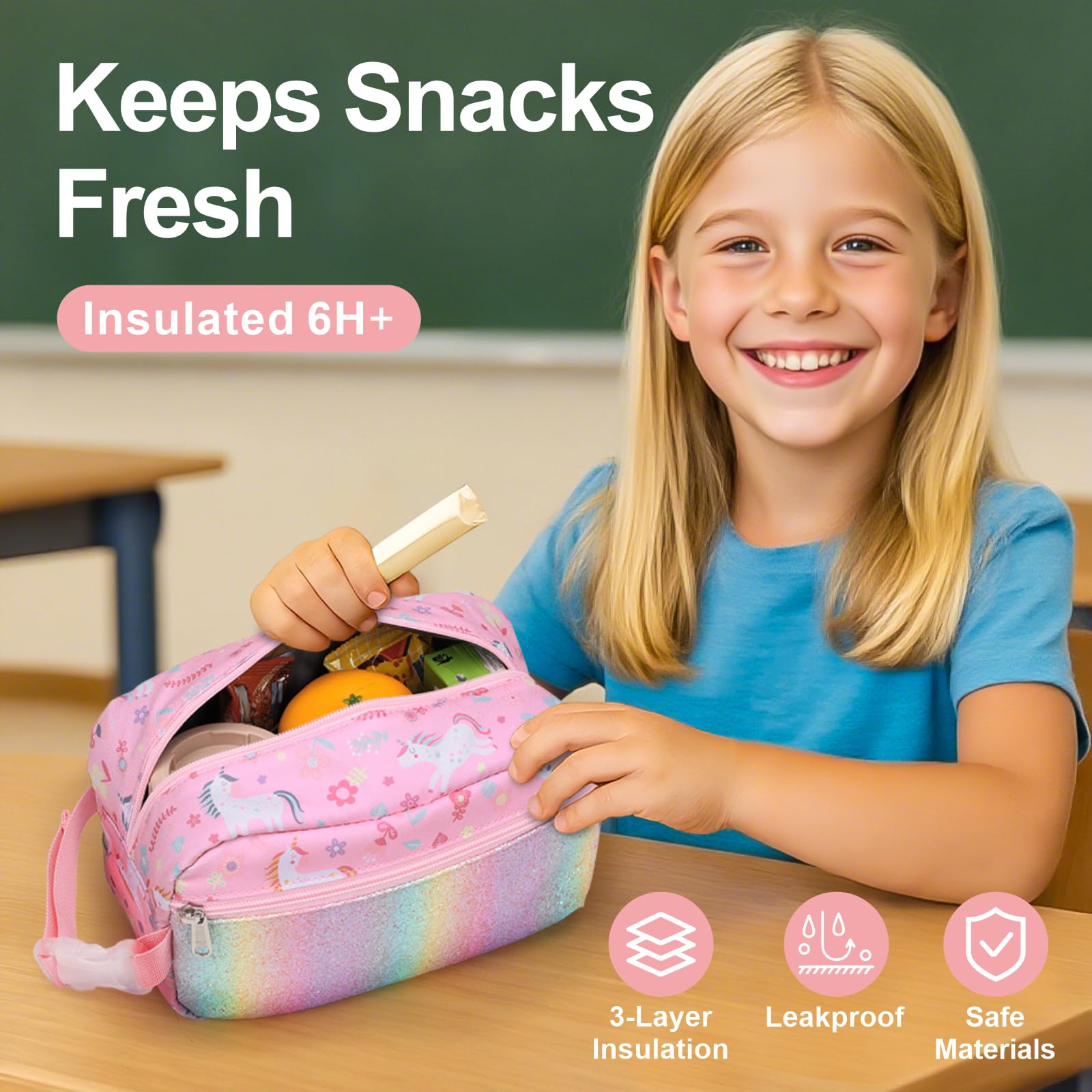 Bagseri Kids Snack Bag Girls - Small Reusable Mini Cooler Pouch, Insulated 3.9L Food Carrier with Buckle Handle for School and Daycare, Fits in Backpack, Glitter Pink Unicorn