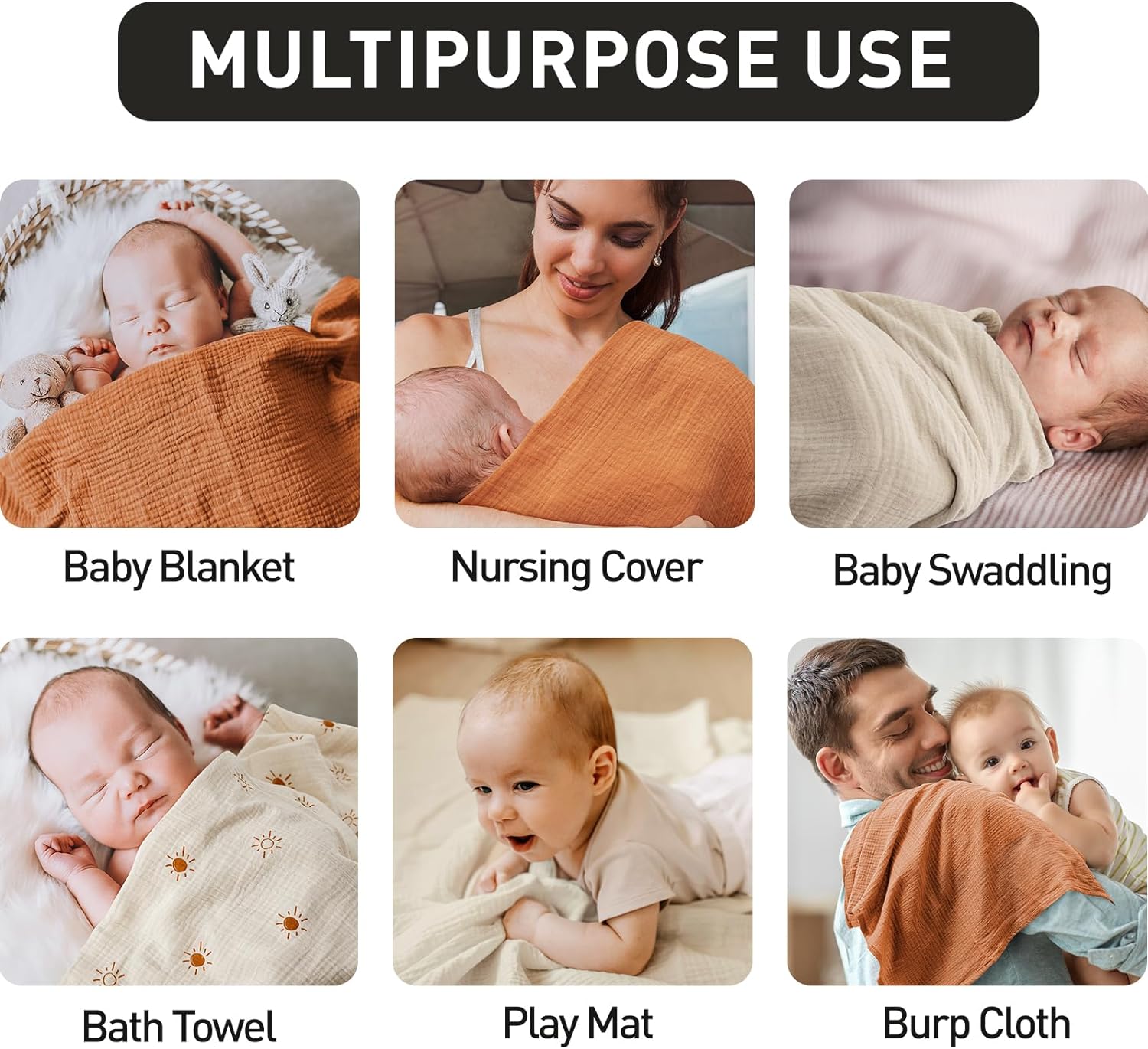 Skiennix Muslin Swaddle Blankets - Breathable Soft Receiving Blankets, 3 Pack, Large 38 x 40 Inches, Elegant Colors