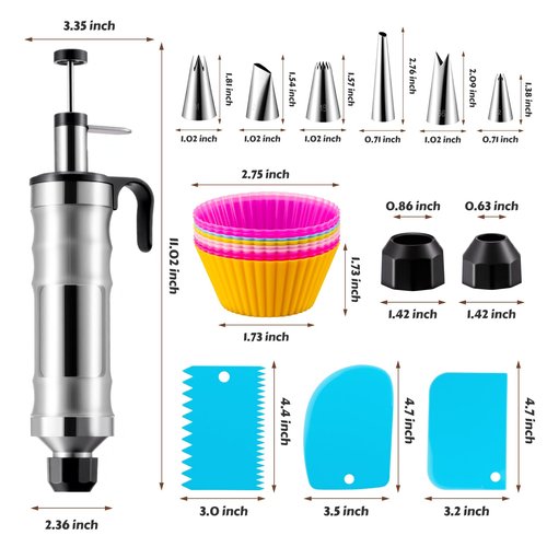 MIKESIER Dessert Decorating Syringe Set, Stainless Steel Frosting & Icing Piping Kit with 6 Tips and 9 Silicone Cupcakes,3 Cream Scraper for Cake Decorating Tools Cupcake Decorating Kit