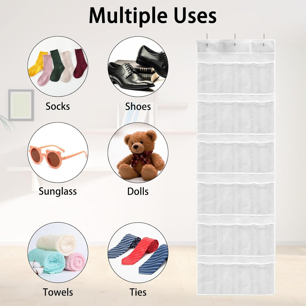Skiennix 24-Pocket Over The Door Shoe Organizer - Large Hanging Rack with Mesh Pockets & 3 Hooks | White