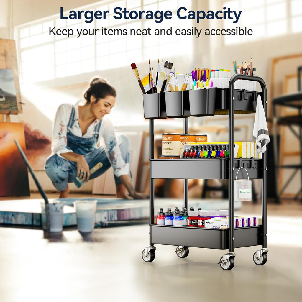 YASONIC 3-Tier Rolling Cart - Heavy-Duty Metal Utility Cart with Wheels & Hooks | Versatile Storage for Kitchen & Office