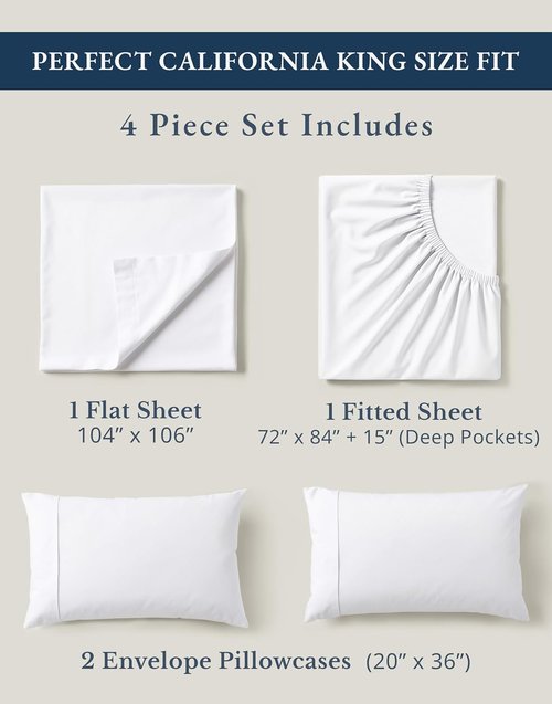 LANE LINEN California King Sheets Set - 100% Organic Cotton, Ultra Soft 4-Piece Bedding - White