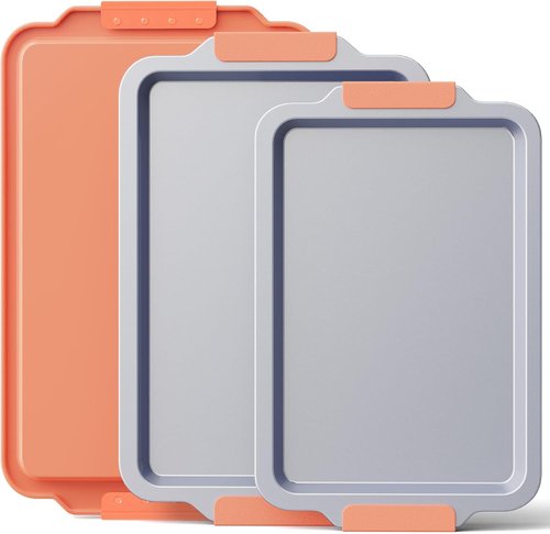 BRONYPRO Non-Stick Ceramic Baking Sheet Set - Heavy-Duty PFOA & PTFE Free Cookie Trays | 3-Piece Coral