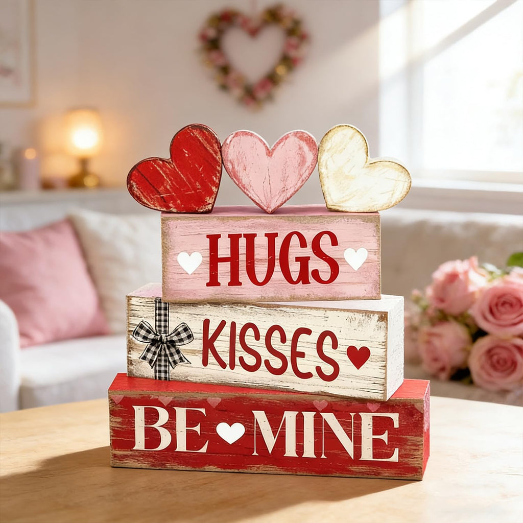 Valentines Day Decorations - Valentine Tiered Tray Decor Set - Wooden Table Decoration with Heart Signs - Rustic Farmhouse Valentine’s Day Home Decor Indoor for Shelf Mantel Coffee Table Gift