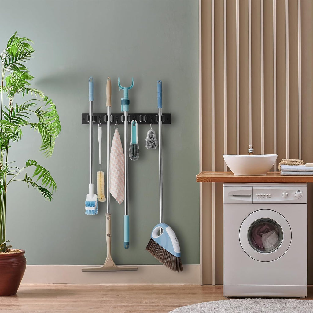 OUTNILI Mop and Broom Holder Wall Mount - Black Tool Organizer with 5 Slots & 4 Hooks for Garage, Kitchen, Laundry