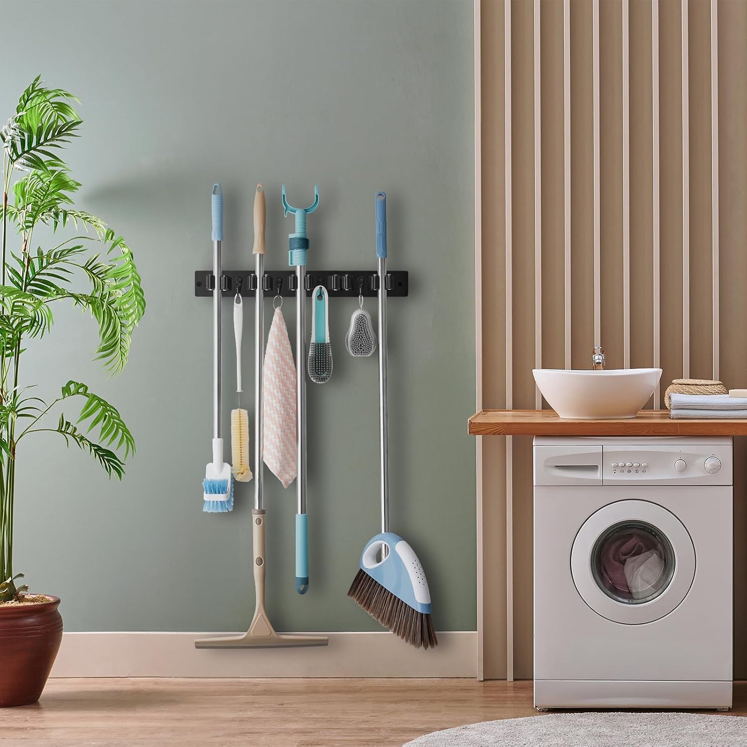 OUTNILI Mop and Broom Holder Wall Mount - Black Tool Organizer with 5 Slots & 4 Hooks for Garage, Kitchen, Laundry