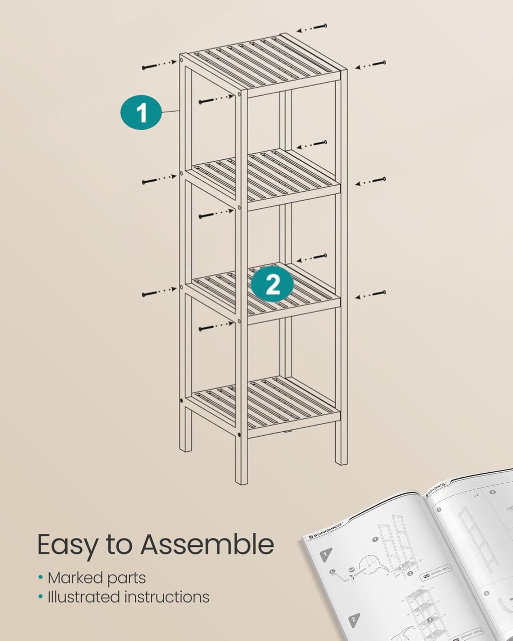 SONGMICS 4-Tier Bamboo Shelf - Versatile Narrow Bathroom & Corner Rack for Kitchen, Living Room, Bedroom