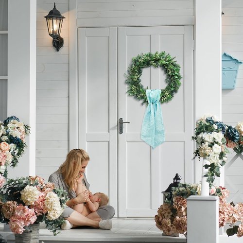 Light Blue Buffalo Plaid Wreath Sash for Front Door Seersucker Wreaths Satin Sash Burlap Garland Ribbon Accessories for Wreath Yard Doorway Indoor Outdoor Bridal Shower Home Decor,5.1 x 54.3
