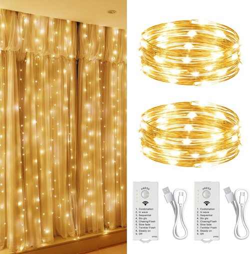 HXWEIYE 300L Curtain Lights - 50 LED Rechargeable Fairy Lights with DIY Timer & 8 Modes | 16FT, Plug-In