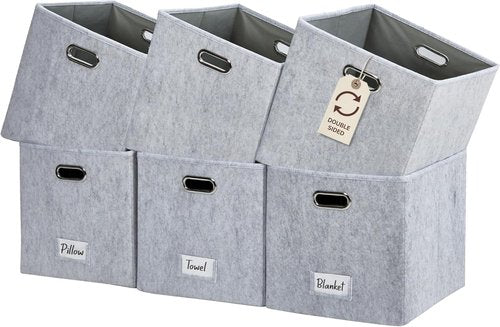 DECOMOMO Felt Storage Bins - 11-Inch Cube Storage Bins with Labels for Kallax Shelves | Light Grey (Set of 6)