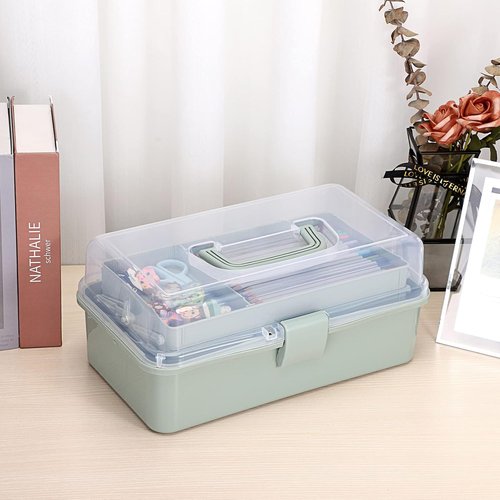 BTSKY Craft Organizer - 3-Layer Plastic Storage Box with Adjustable Spacers | Portable Haze Green Art Supply Box