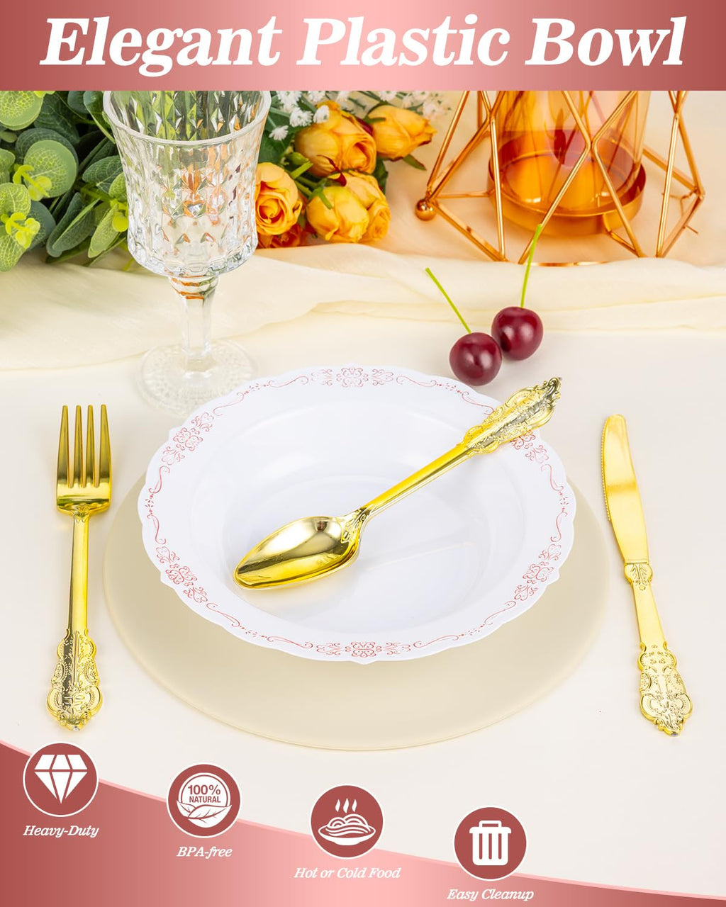 Bestluck 100 Pack Clear Red Plastic Bowls with Gold Rim, 12oz Plastic Salad Bowl, Disposable Bowls for Party, Dinners, Weddings, Christmas, Thanksgiving, Valentine's Day