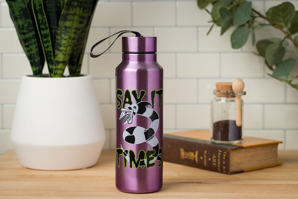 Silver Buffalo Beetlejuice “Say it Three Times” Featuring Sandworm Stainless Steel Water Bottle with Strap, 27 Ounces
