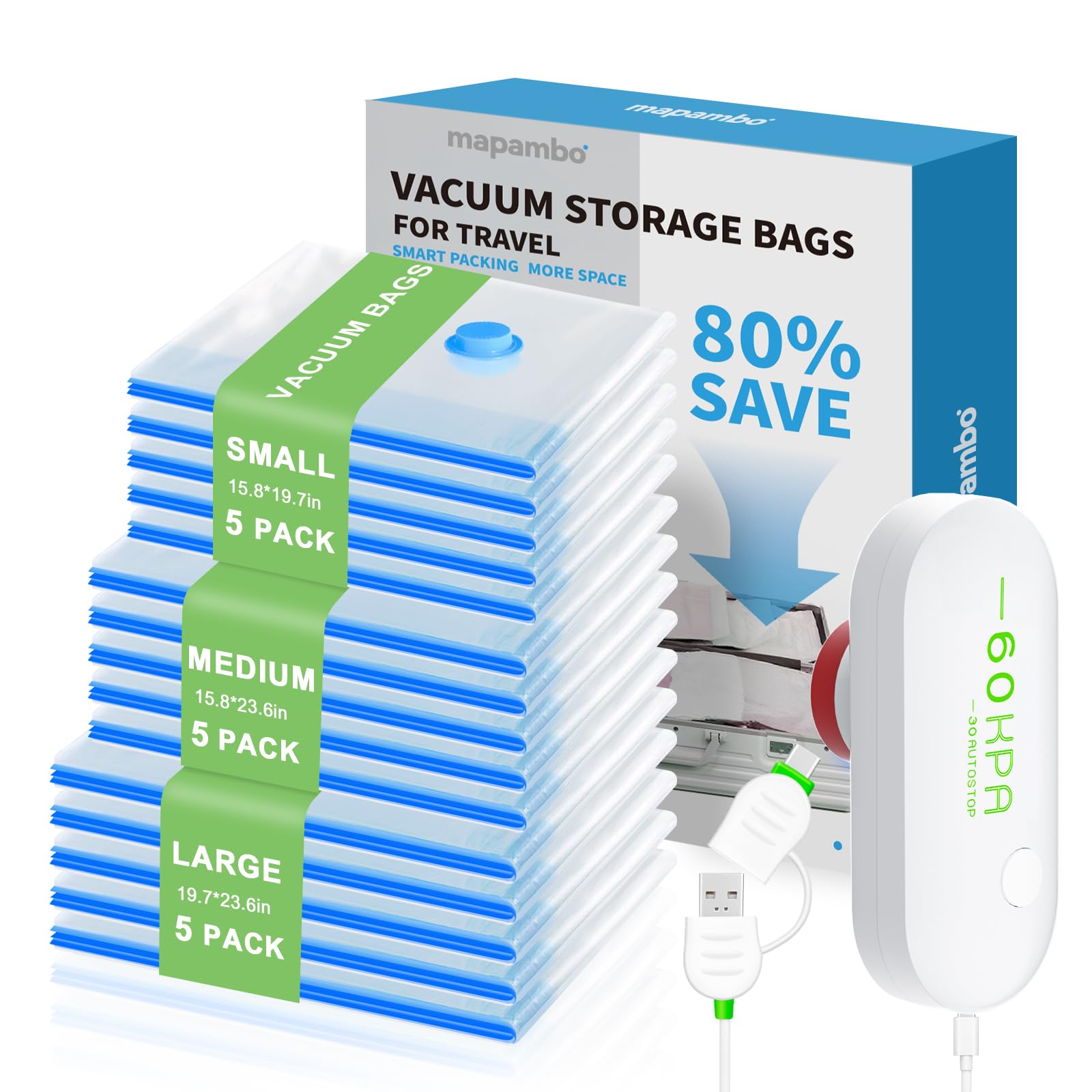 Mapambo 15 Pack Vacuum Storage Bags with -60000Pa USB Pump, Vacuum Seal Bags for Clothing Travel, Space Saver Vacuum Seal Bags for Clothing, Save 80% of Space for Clothes (15 Combo Size)