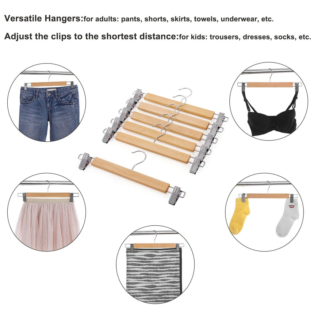 SONGMICS Wooden Pants Hangers 12 Pack, Pants Hangers with Clips, Adjustable Anti-Rust Metal Clips, 360° Swivel Hook, Skirt Hangers for Pant, Skirts, Natural Grain UCRW008-12