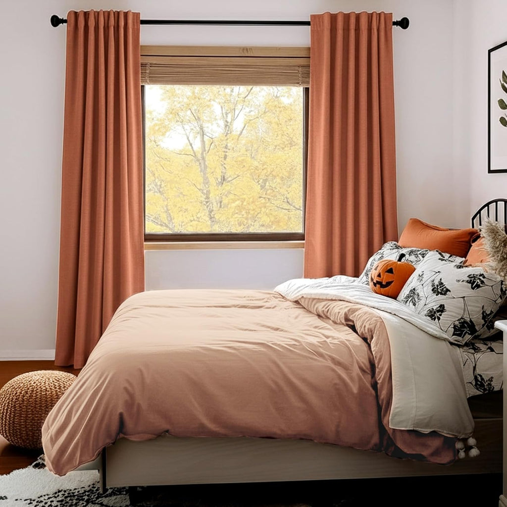 Skiennix 100% Blackout Linen Curtains - Thermal Insulated Drapes, 50" W x 108" L, Burnt Orange | 2 Panels Set