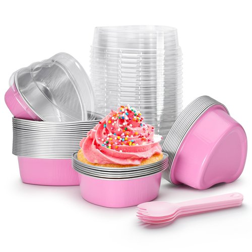 STN Mini Heart Shaped Cake Pans 100 ml/ 3.4 Ounces Heart Aluminum Foil Cupcake Pans 50pcs Valentine's Day Baking Cups With Lids Spoon for Valentine Mother's Day Birthday Wedding (Pink)