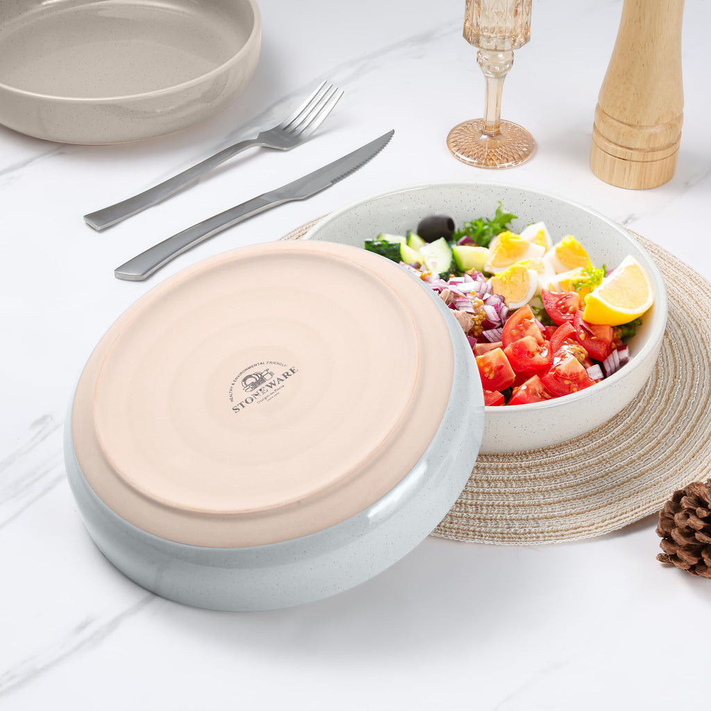 LIANYU 33oz Pasta Salad Bowls Set, Wide and Shallow Serving Bowls Set of 6, Deep Stoneware Plates for Serving Pasta, Noodle, Cereal, Non-Scratch, Three-color