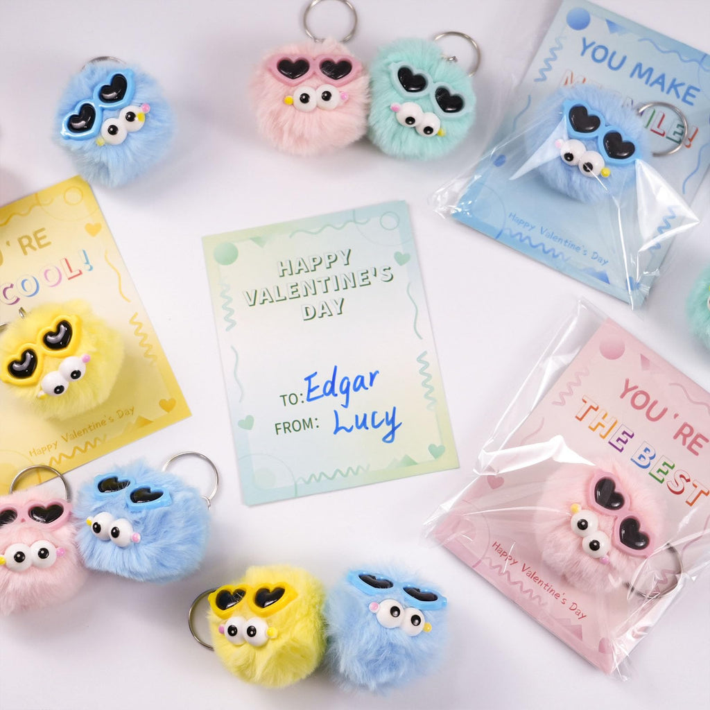 QYESQ Valentines Day Gifts for Kids - 24 Pack Cute Plush Toys Keychains, Valentines Day Cards for Kids Boys Girls Toddlers School Classroom Friends Exchange Party Favors