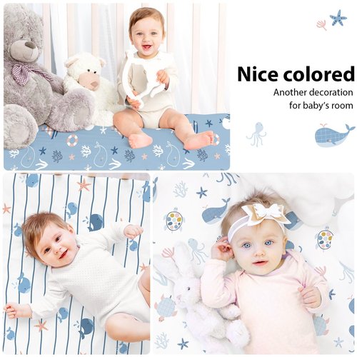 FIEMOL Baby Crib Sheets for Boys and Girls, 3 Pack Toddler Bed Sheets for 52”x28” Standard Toddler Mattresses, Soft Microfiber Fitted Crib Sheets Neutral Blue Ocean Whale